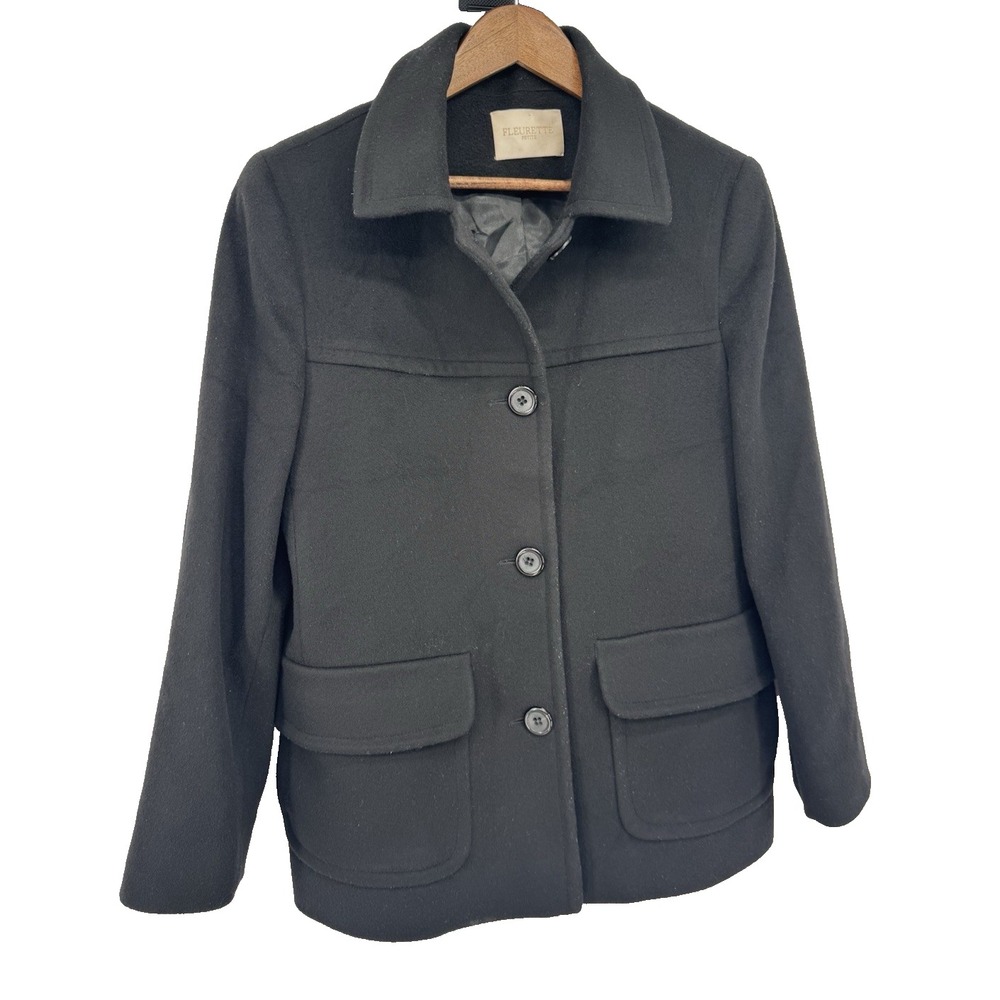 Fleurette Women's Black 100% Wool Button Front Pockets Mid-Length Coat 10